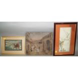 A collection of oriental and Indian pictures and prints including a coloured oriental wood block
