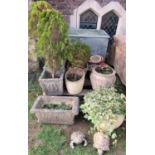 One lot of weathered cast composition stone and terracotta garden planters of varying sizes and