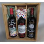 Three bottles of red wine celebrating the 50th anniversary of the Normandy landings June 6th 1944,