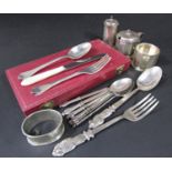 A mixed lot of English silver tableware and a three piece condiment set, napkin ring, a cased