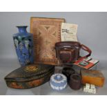 A miscellaneous collection of items cloisonné vase, a Japanese pot, a papier mache box, a vintage