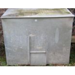 A light galvanised tin bunker of rectangular form with rising lid and small central sliding door,