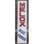 A vintage enamel long and narrow rectangular sign advertising Melox Dog Foods, 183 cm x 41 cm