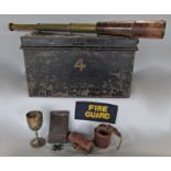 A German World War II 98k Mauser Rifle cleaning kit, a leather and brass military issue telescope