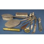 A mixed variety of silver including a hair brush set, four pistol grip butter knives, salt and