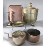 A brass coal scuttle with lid, copper kettle, pair of brass candlesticks, copper bowl jardiniere,
