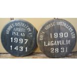 Two stencilled cask ends - White Horse Distillers Ltd Lagavulin 1990 and Ardbegs Distillery Ilse