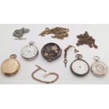 Three silver cased pocket watches and a further empty case, together with a number of watch chains