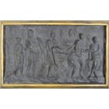 A framed relief of a Classical battle scene. (Af) 50cm x 30cm.