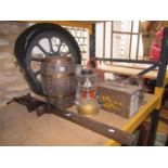 One lot of miscellaneous vintage items to include a tractor or implement spoke wheel, Tilly lamp,