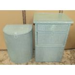 A demi lune laundry basket with hinged lid, together with a matching side cabinet with frieze drawer