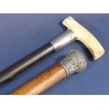 A malacca walking stick with a silver knob, and another example with a bone handle. 2