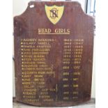 A vintage school head girls panel from 1944-1960 approx, 70cm x 50cm