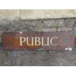 A vintage bronze wall mounted sign of rectangular form with painted lettering "public" 64 cm x 18 cm