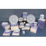 A collection of mainly boxed Wedgwood blue ground Jasper wares including heart shaped trinket box,