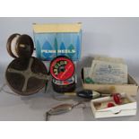 Three vintage wooden fishing reels, no makers names, and other fishing related items, hooks,