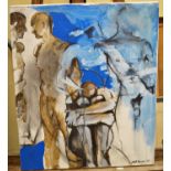 Nott Boer - Abstract in blue, male torsos, signed and dated 05, Roughly - oil on canvas - abstract