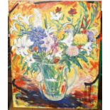 A large 20th century school floral still life, oil on canvas, no signature visible, 154cm x 122cm