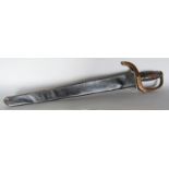 An 18th century European short sword of simple design with a flat sided wooden handle in a leather