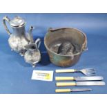 A silver plate tray a silver plate tea service, loose cutlery etc.