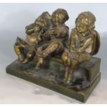 An early 20th century bronze group of giggling school children on a bench, signed Juan Clara. 15cm