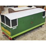Two novel hand painted domed top wooden and fibre toy boxes in the form of railway carriages, (