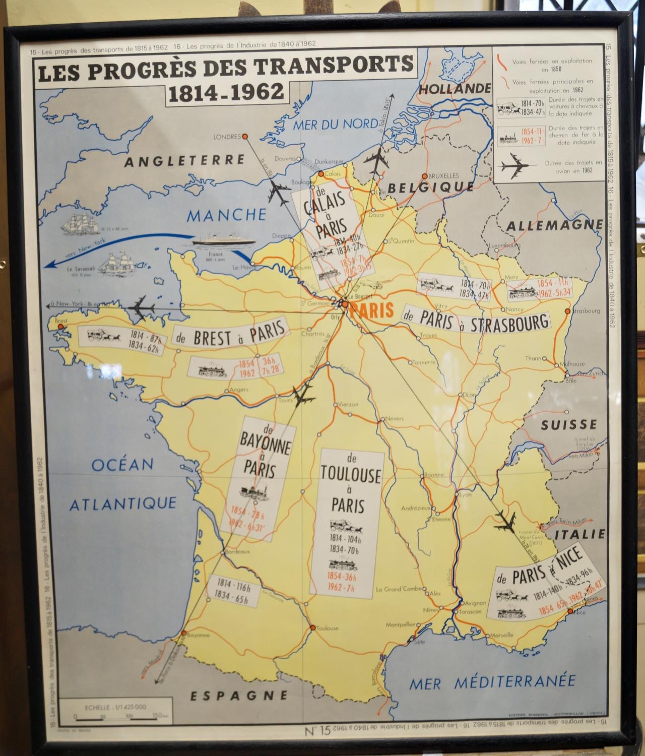 Three large coloured framed and mounted maps of France - Legumes, Fruits, Fleur, Les Progres Des - Image 2 of 3