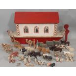 Late 19th/early 20th century wooden Noah's Ark with painted finish and hinged roof, containing 29