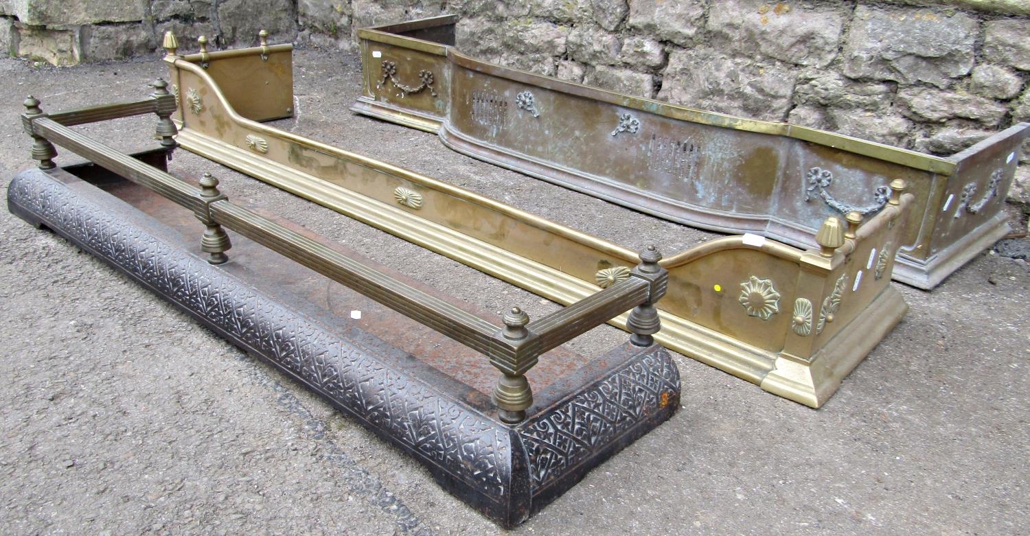 Two Edwardian brass fenders of varying size and design, both with applied neo classical detail, - Image 2 of 2