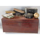A 19th century mahogany strong box 42cm wide, together with some brushes shaving mirror, a vintage