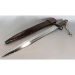 A British Army bayonet stamped ER date worn, in a leather sheath. 46cm