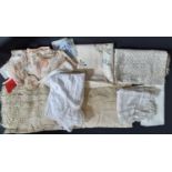 box of vintage textiles including 2 linen tablecloths (larger in ecru approx size 2x1.7m), lace