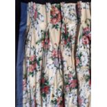3 pairs extra long curtains in floral chintz with blue edged border, lined and thermal lined with