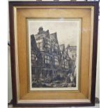 A late 19th century dry point etching after Charles Bird showing a Tudor mansion with characters