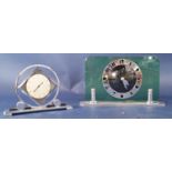 Two art deco mantle clocks, one with green glass and chromium plated case, the other within a simple