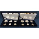 Two sets of silver coinage 2007 each with six coins, £5, 3 x £2, £1, 50p (total 200 gms approx) with