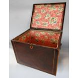 A Georgian mahogany satinwood banded needle work box with fabric lined interior. 28cm wide x 22cm