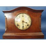 An inlaid Edwardian mantle clock with eight day time piece, the case with chequered string inlay