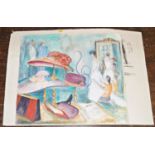 A portfolio containing a watercolour and bodycolour study of a dress and hat makers studio interior,