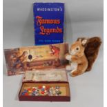 A mixed lot including a Steiff squirrel with pin in ear, a vintage box game of Subbuteo with rules