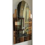 An art deco frameless wall mirror, the side panels with peach coloured glass, 90x 45cm approx