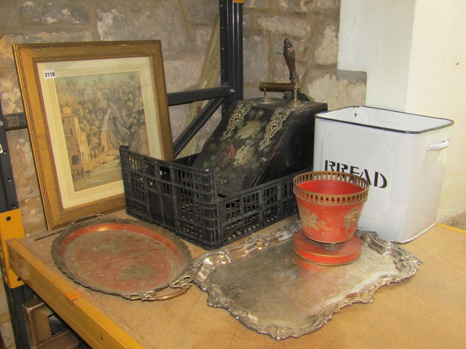 One lot of miscellaneous items to include a vintage cream enamel bread bin, japanned tin coal