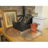 One lot of miscellaneous items to include a vintage cream enamel bread bin, japanned tin coal