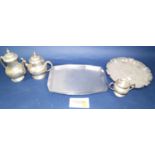 A mixed collection of silver plate, consisting of a tea service, several trays some stainless steel