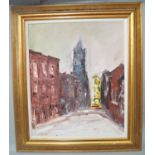 Declan O'? (Contemporary Irish artist) - Street scene with church, oil on canvas painted in the