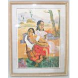 After Gauguin (French 1948-1903) - Coloured print on fabric of two Tahitian women, with printed