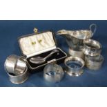 A mixed selection of 20th century silver ware including a small sauce boat christening spoon and