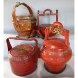 A Chinese red lacquered bucket, a squat circular red lacquered storage box, a red bamboo rice basket