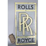 A glass Rolls Royce advertisement sign, the RR highlighted in gold 41cm x 20cm, together with a