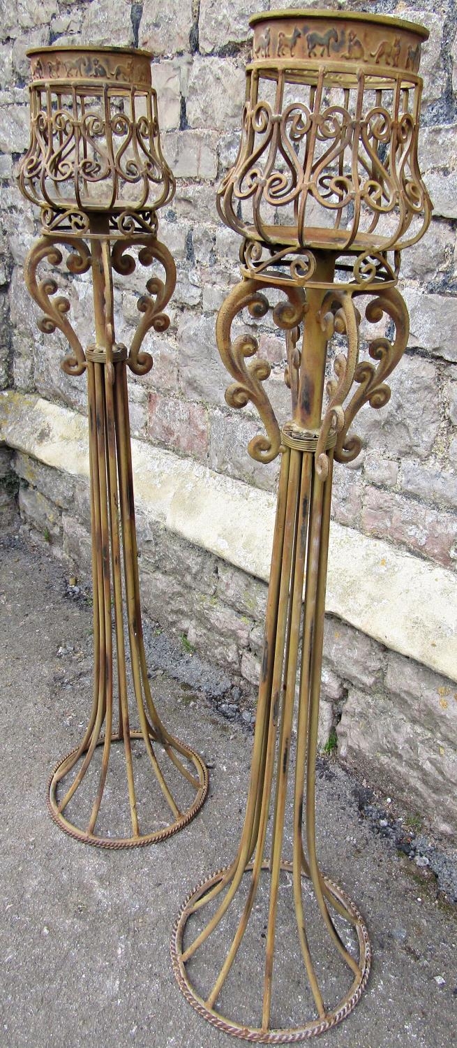 A pair of contemporary painted light steel floorstanding candle lanterns with open scrollwork detail - Image 3 of 3